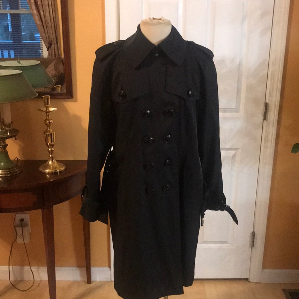 Black button down waterproof London Fog Trench Coat with wrap around belt.